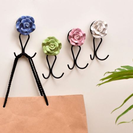 Multicolor Ceramic Flower Hanging Hook for Wall in Set of 4